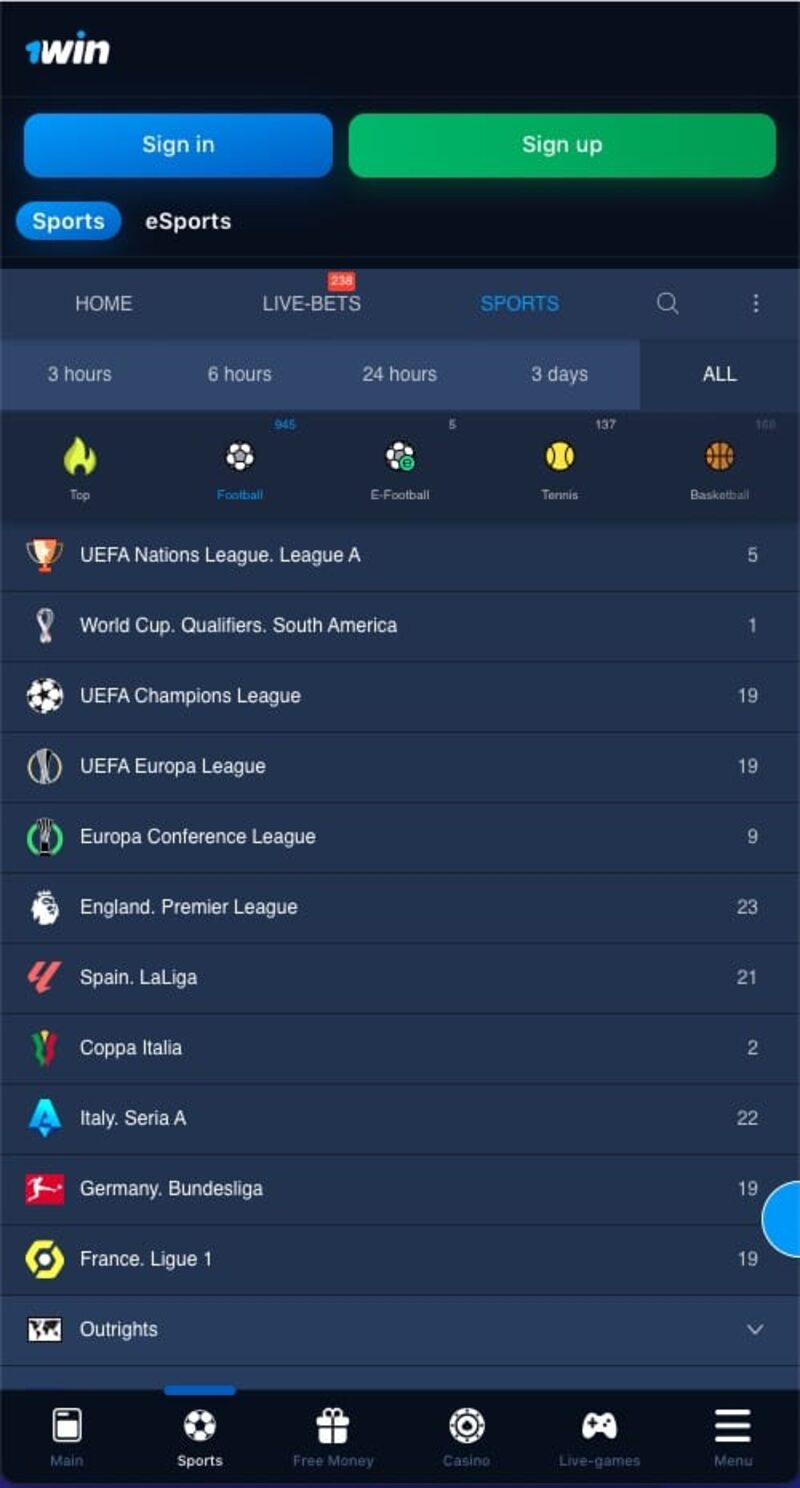 1Win APK скриншот — раздел ставок на спорт в мобильном приложении для Андроид